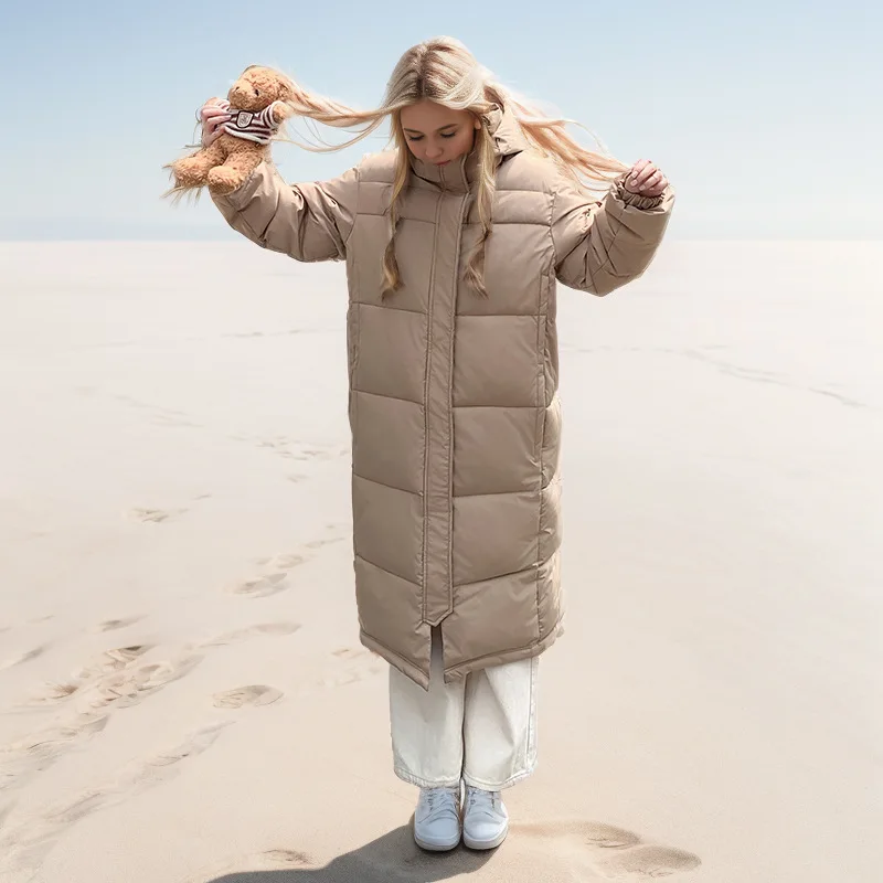 Autumn Winter New Fashion Women's Solid Color Simple Basic Casual Trendy Long Sleeve Hooded Ankle Length Quilted Coats Female