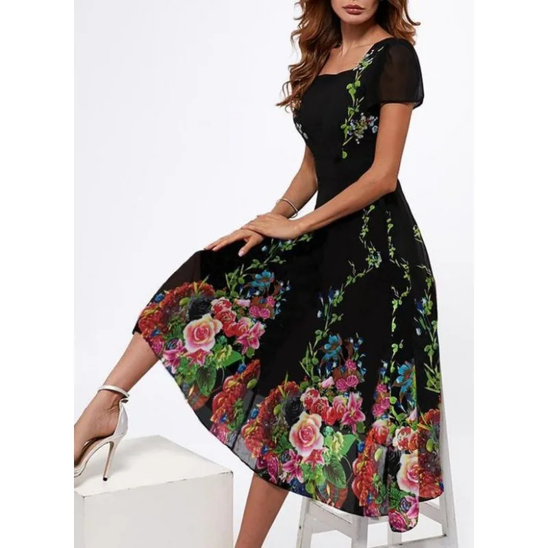 Women's Slim Square Neck Short Sleeves And Calf Swing Multicolor Printed Dress Commuting Casual Professional Midi Dress