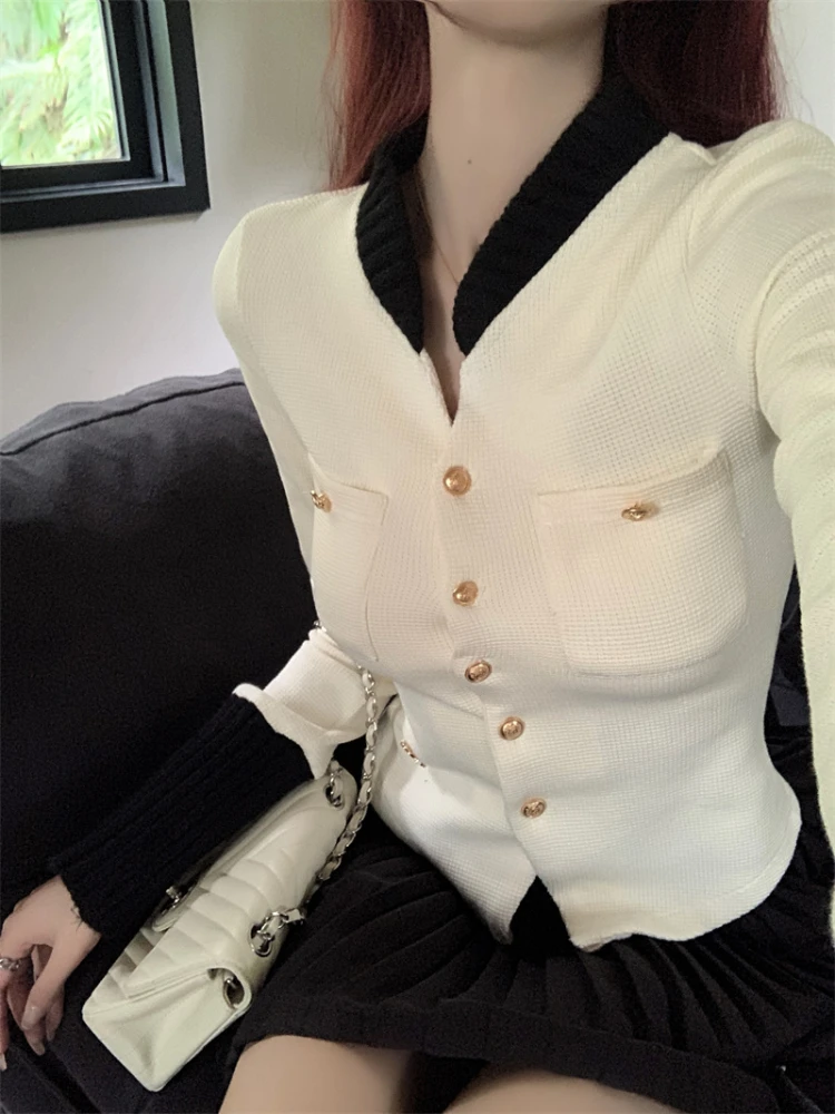 Cardigan Women Long Sleeve Korean Style Autumn Retro Slim Streetwear Simple Patchwork Chic Ladies Holiday Trendy Knitwear Daily
