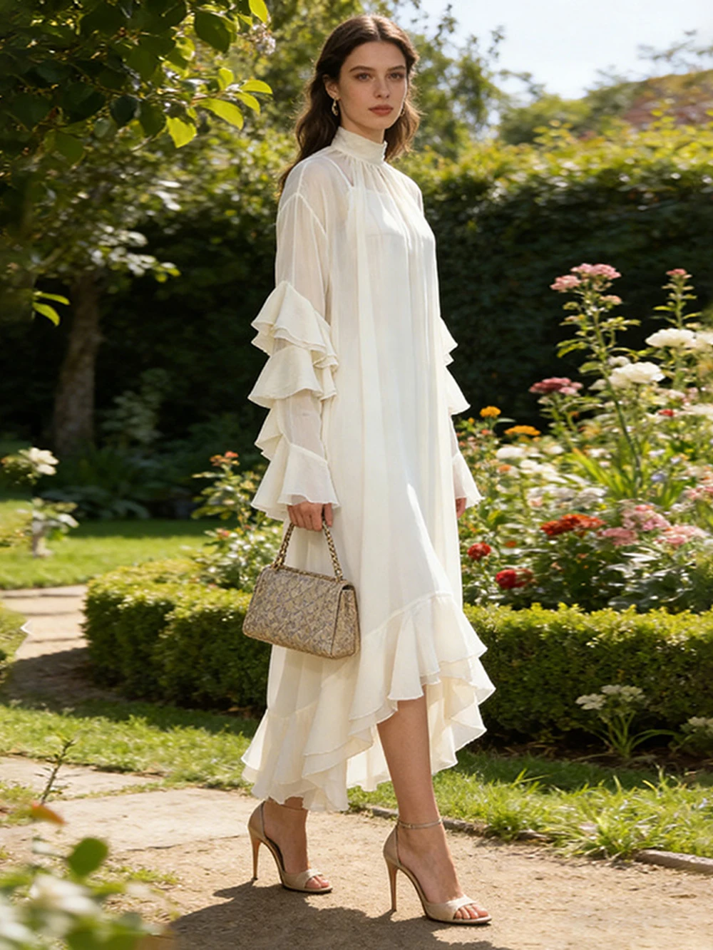 

Весна 2026, новая юбка с высоким воротом в виде листьев лотоса и расклешенными рукавами, неровный галстук, свободное и утягивающее платье