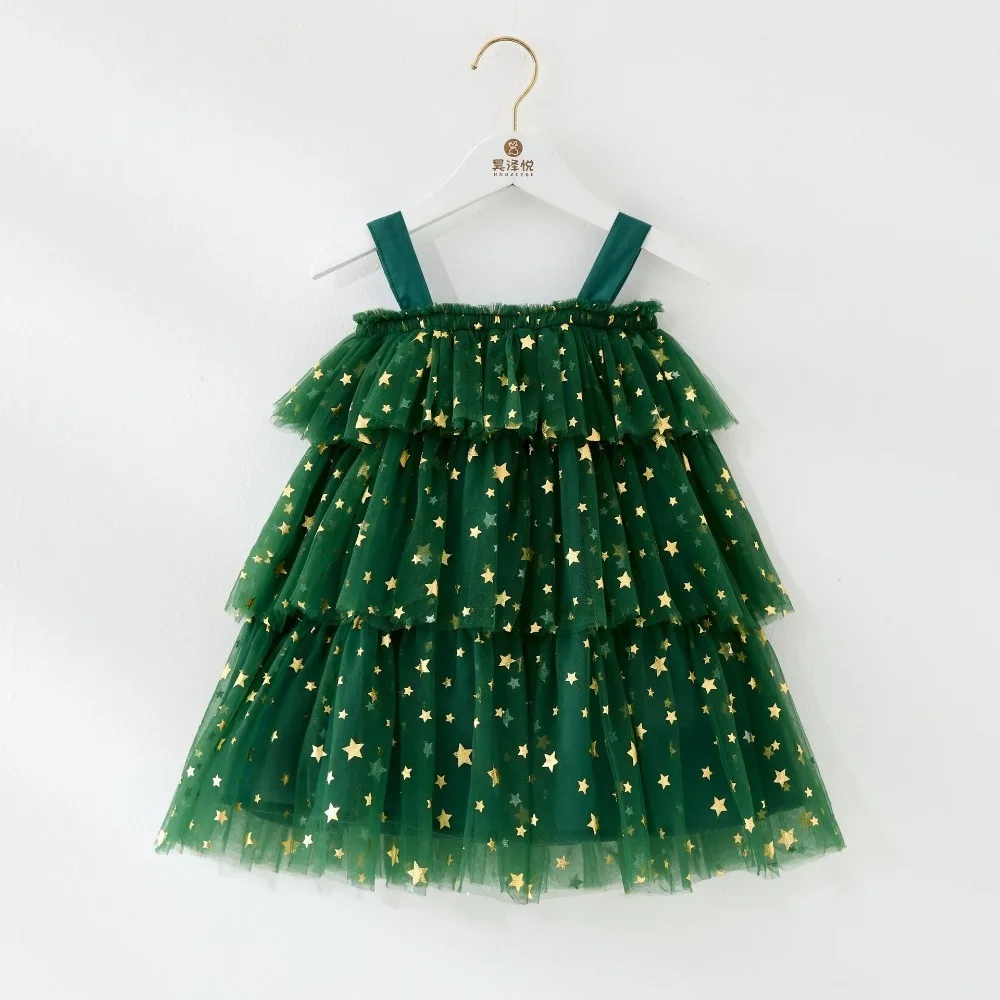 Sleeveless Children Christmas Dress Plush Balls Mesh Layered Layered Tulle Dress with Bow Hair Clip Star Moon Baby Girls Dress