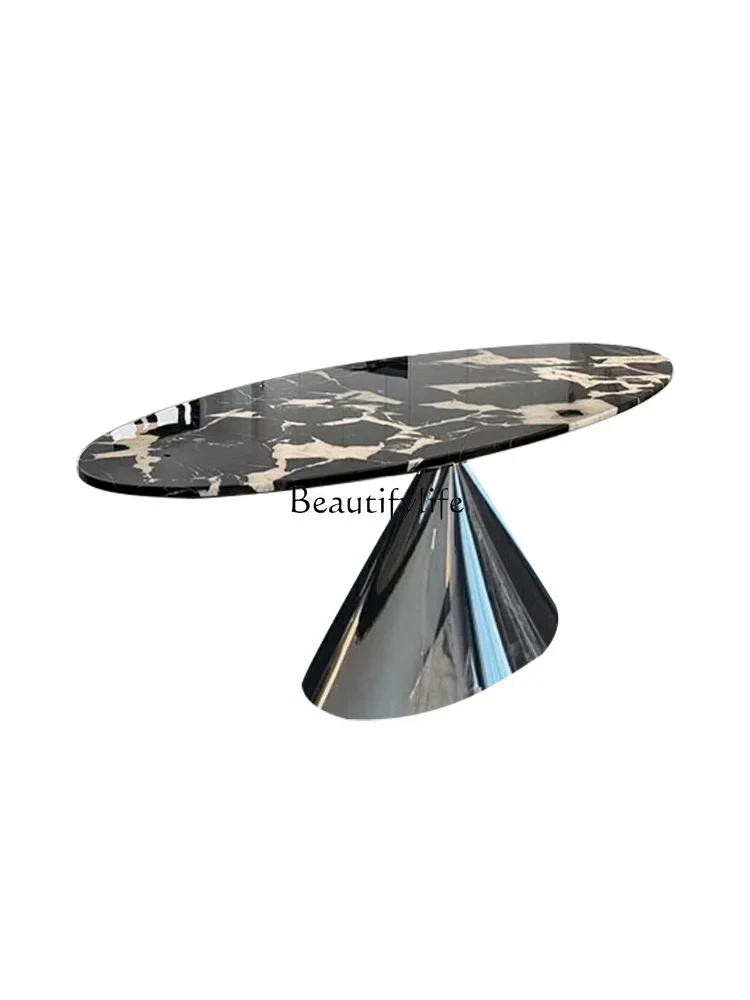 

6 black marble dining table Italian light luxury villa oval stone table