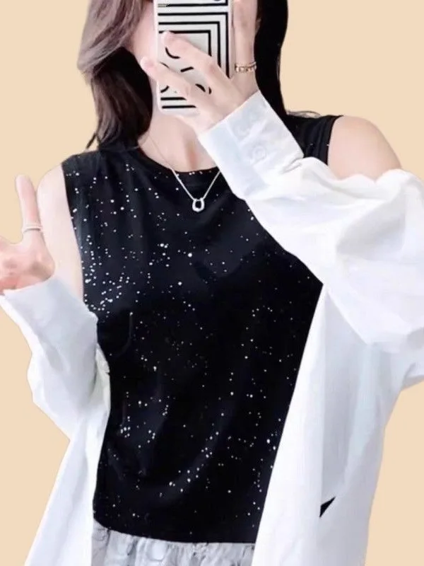 Fashionable Women's Loose Starry Night Tank Top Shirt Inner Wear Base Layer High Waist Slimming Advanced Feelings Summer T-Shirt