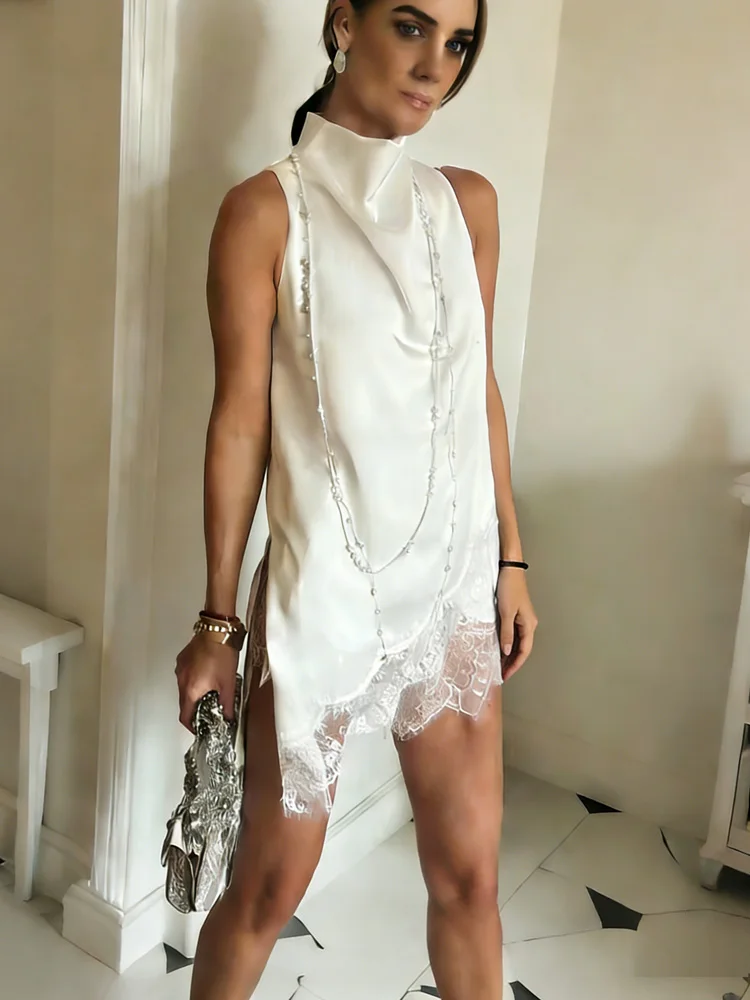 

Tossy Satin Lace Patchwork Tank Top Tee Women's Sleeveless Printed Summer 2026 Patchwork Commute Top Female Lace Casual T-shirt