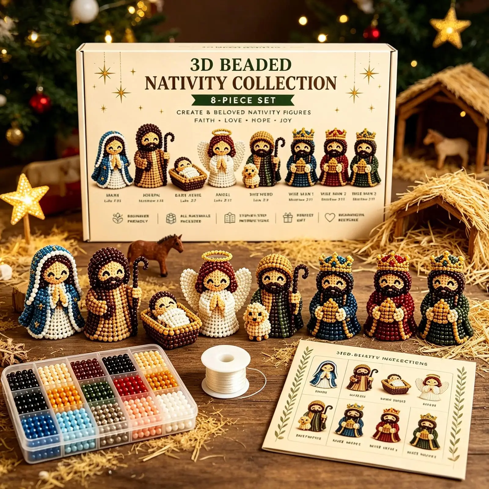 Nativity Bead Craft Kit 3D Beaded Craft Figurines Decor Beading Christmas Figures Kit for Men Women Adults Dad Wife Husband
