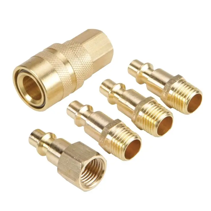Happy New- 1/4NPT Pneumatic Fittings Five-Piece Set Quick Connector Solid Brass Quick Connect Air Fittings Kit