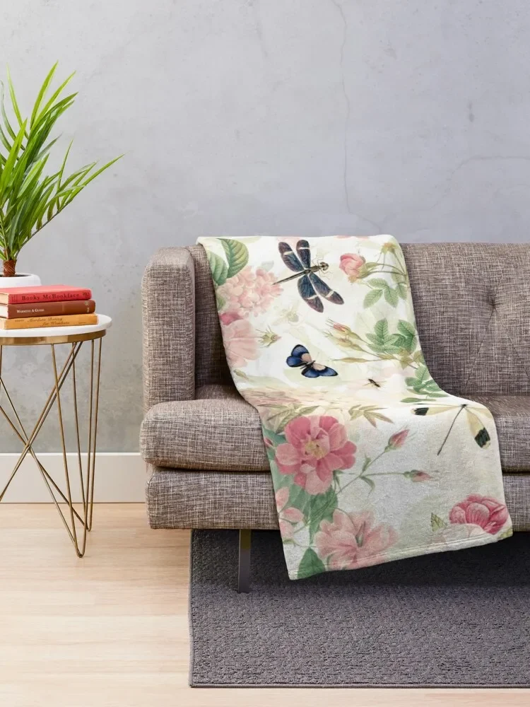 UtART - Vintage Roses Spring Flower And Early Insects Pattern - Sepia Blush Cream white Throw Blanket Sofa Quilt Furrys Blankets