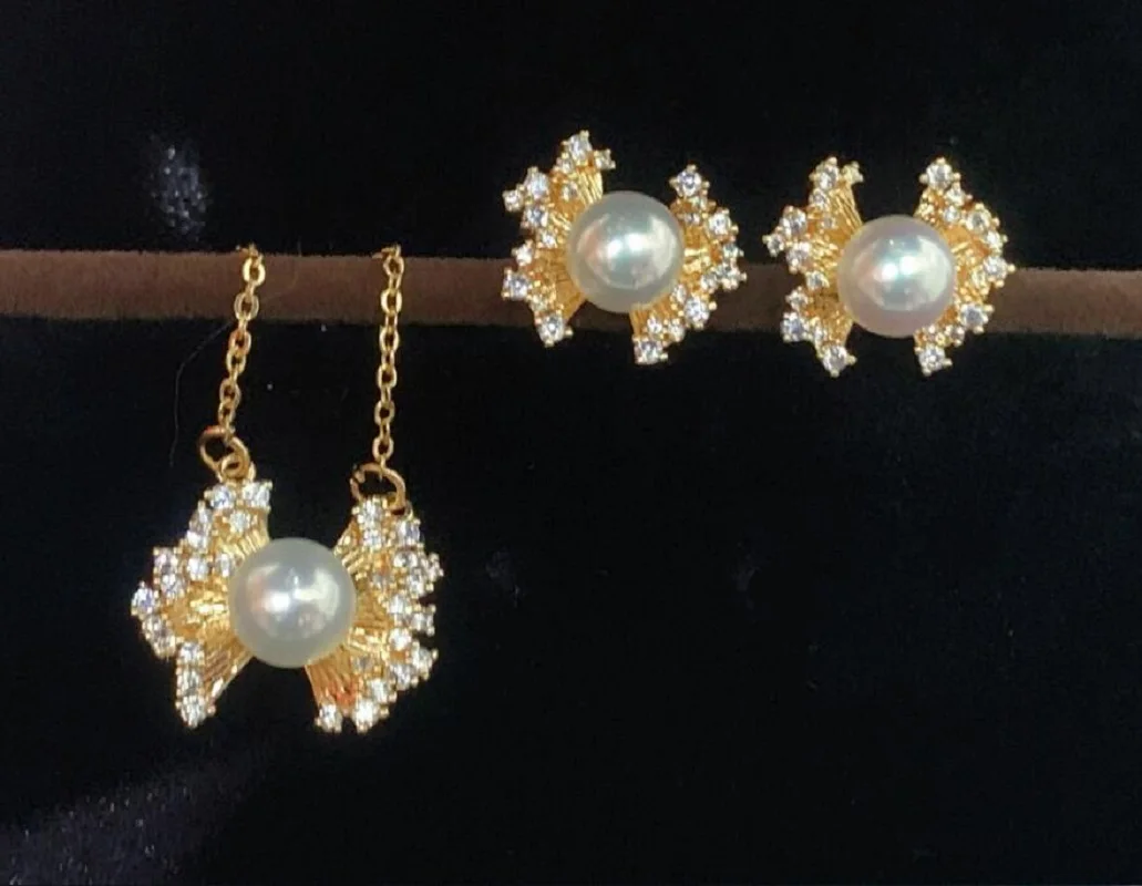 gorgeous set of 8-9mm south sea white pearl pendant&earring 925s