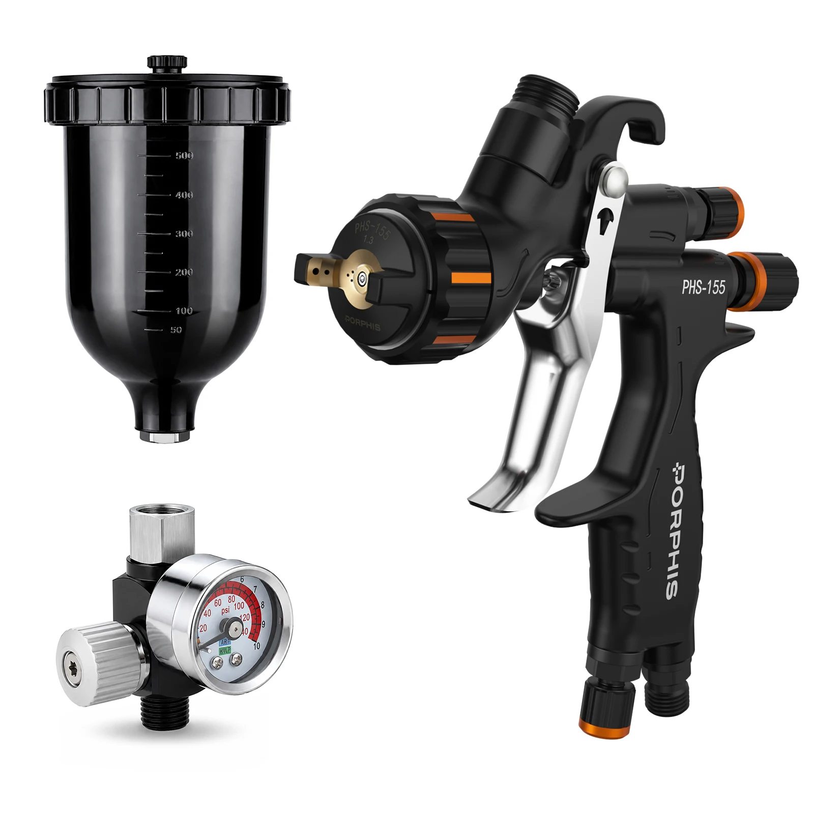 PORPHIS PHS-155 MP Spray Gun with Air Pressure Regulator Gauge Fine Atomization Fast Spraying for Primer Basecoat Refinish