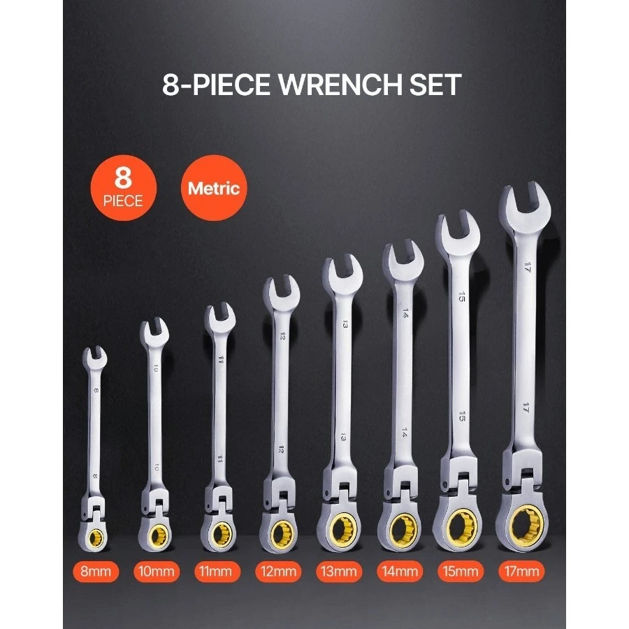 

Flex-Head Ratcheting Wrench Set, 8-piece Combination Wrench Set with Roll-up Pouch, Cr-V Steel Flexible Ratcheting Wrench Set