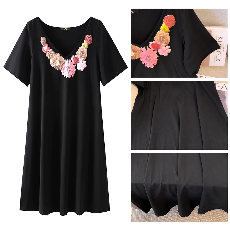 Plus-size Women's Summer Casual Commute loose comfortable cotton dress Black flower print A-line V-neck mid-length dress large