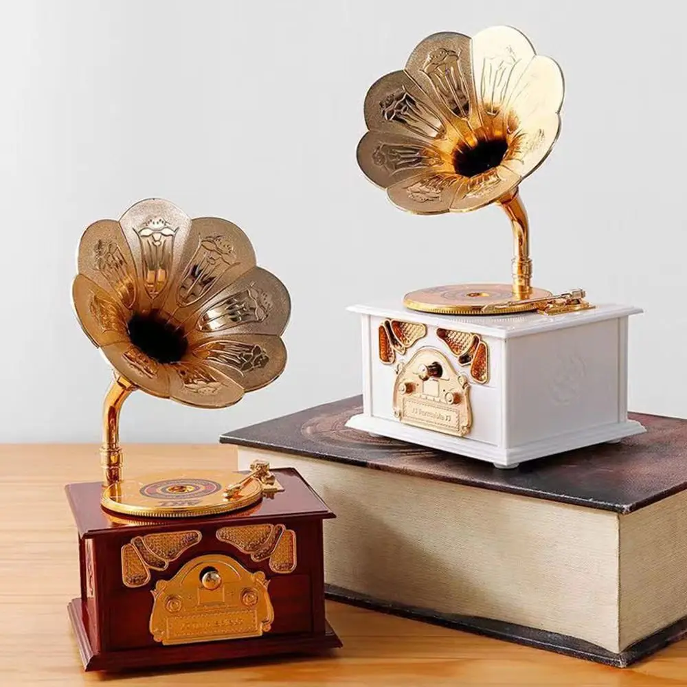 Vintage Style Gramophone Music Box European-style Design with Drawer Hand Carousel Music Box Gramophone Model