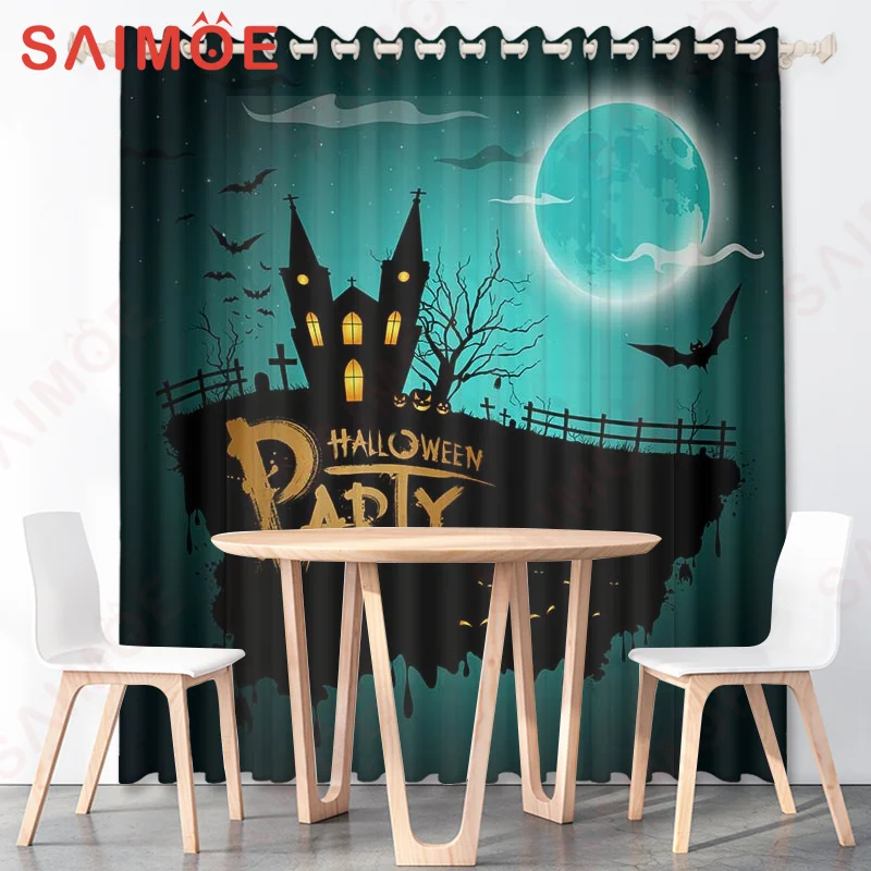 

European and American Halloween Pictures Custom Curtains Skeleton Pumpkin Guitar Plants Thin Polyester Fabric Office Decorations