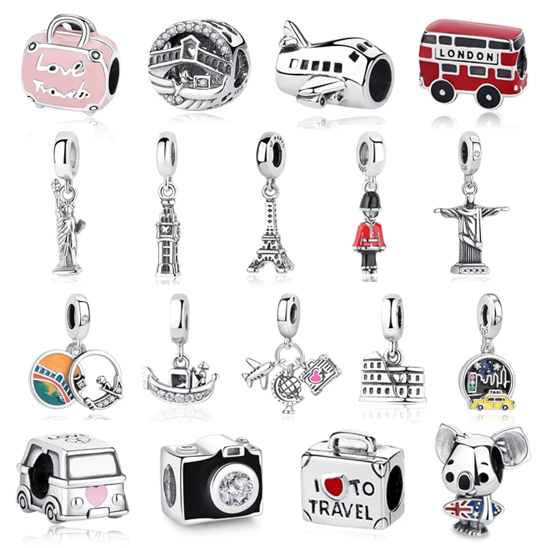 Original 925 Sterling Silver Charms Love Travel London Bus Suitcase Paris Flag Beads Fit Bracelets Necklaces Women DIY Jewelry view 2