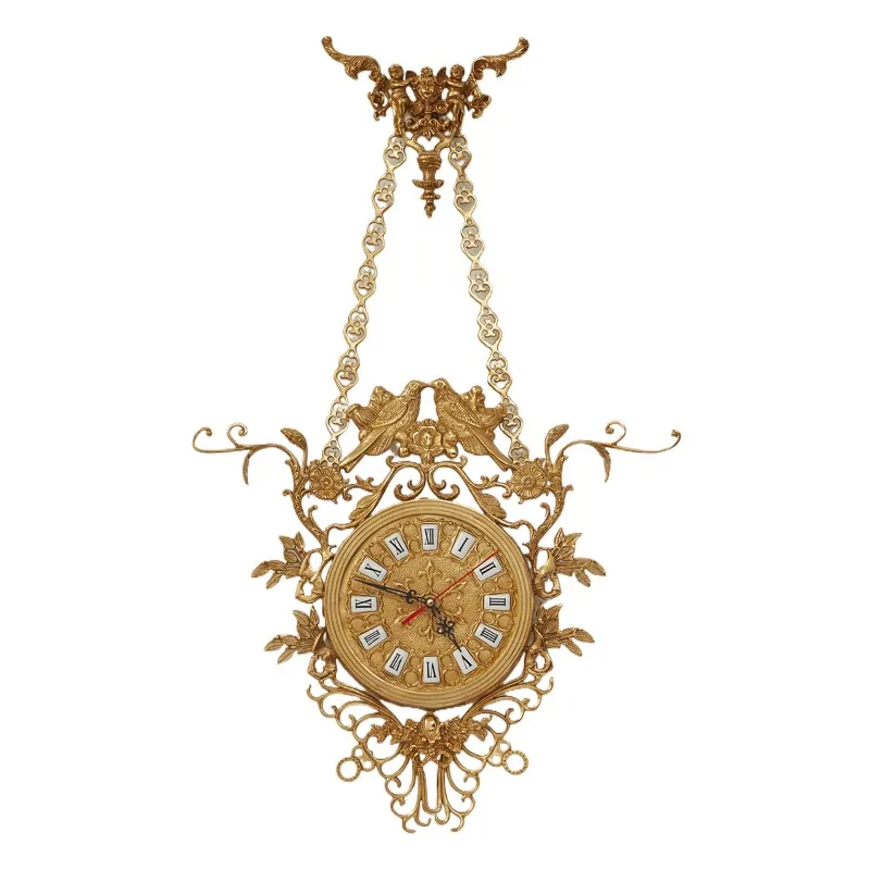 French Baroque retro brass angel bird heavy industry chain all copper decorative classical wall clock
