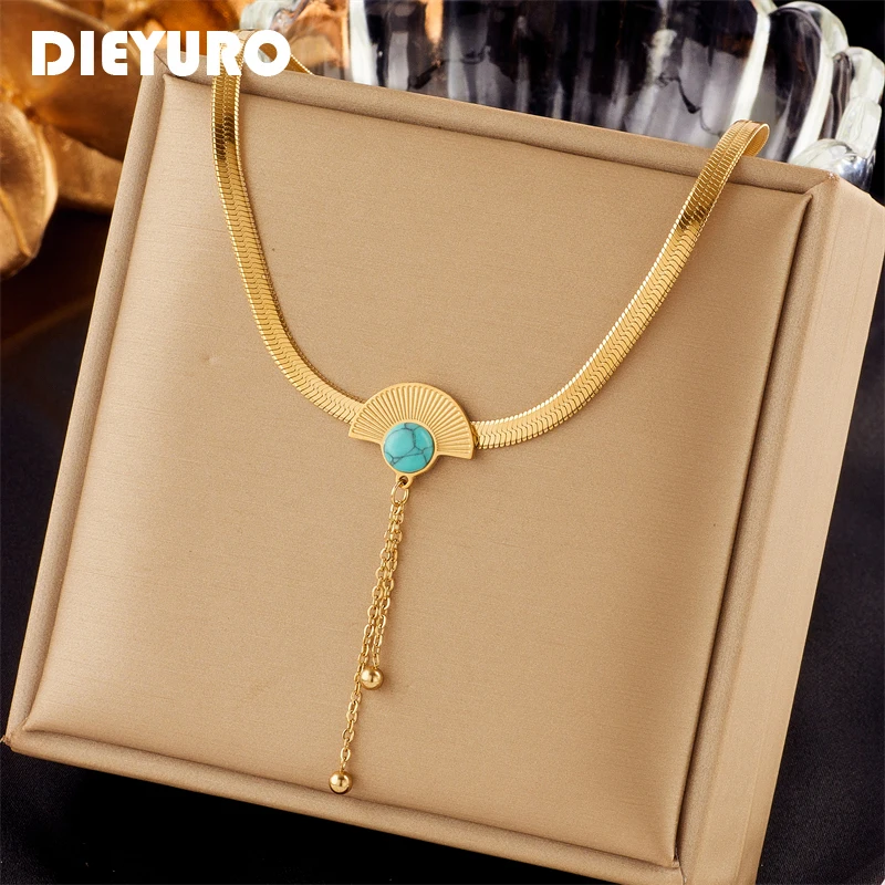 DIEYURO 316L Stainless Steel Half Round Green Stone Tassel Pendant Necklace For Women New Trend Female Snake Chain Jewelry Gifts