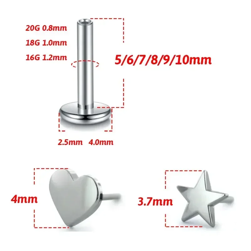 ASTM F136 Titanium Heart Threadless Push Pin Piercing 16G Star Pin end Threadless Ear Cartilage Helix Tragus Stud Body Piercing