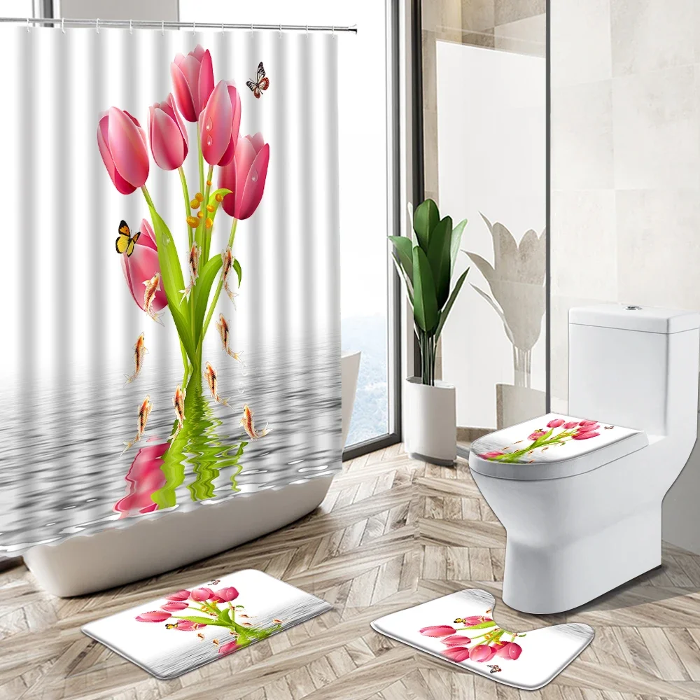 Tulip Butterfly Flower Plant Shower Curtain Garden Spring Scenery Non-Slip Pedestal Rug Toilet Cover Bathroom Deco Bathtub Set