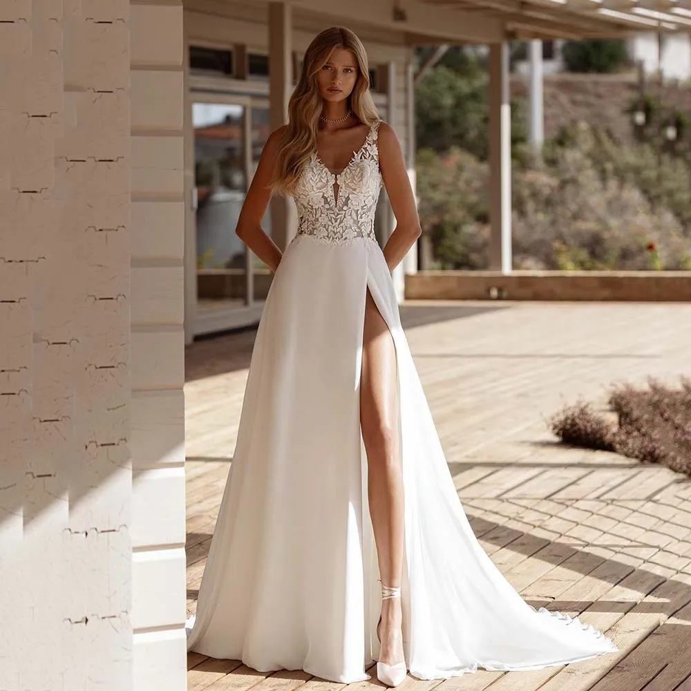 

Msikoods Elegant Wedding Dresses For Women V neck Bridal Gowns Lace Appliques Wedding Gowns Sexy Slit Backless Brides Gowns