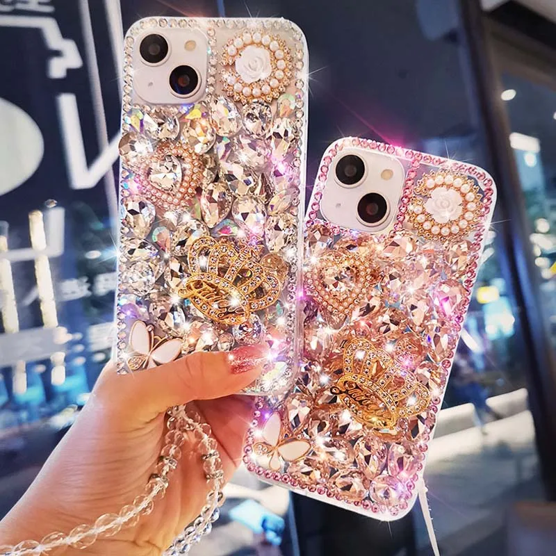 Phone Cover Case for Samsung S24 S21 FE S22 23Ultra Note 20, Wristband Mosaic Crown Diamond Design, Acrylic Mobile Phone Case