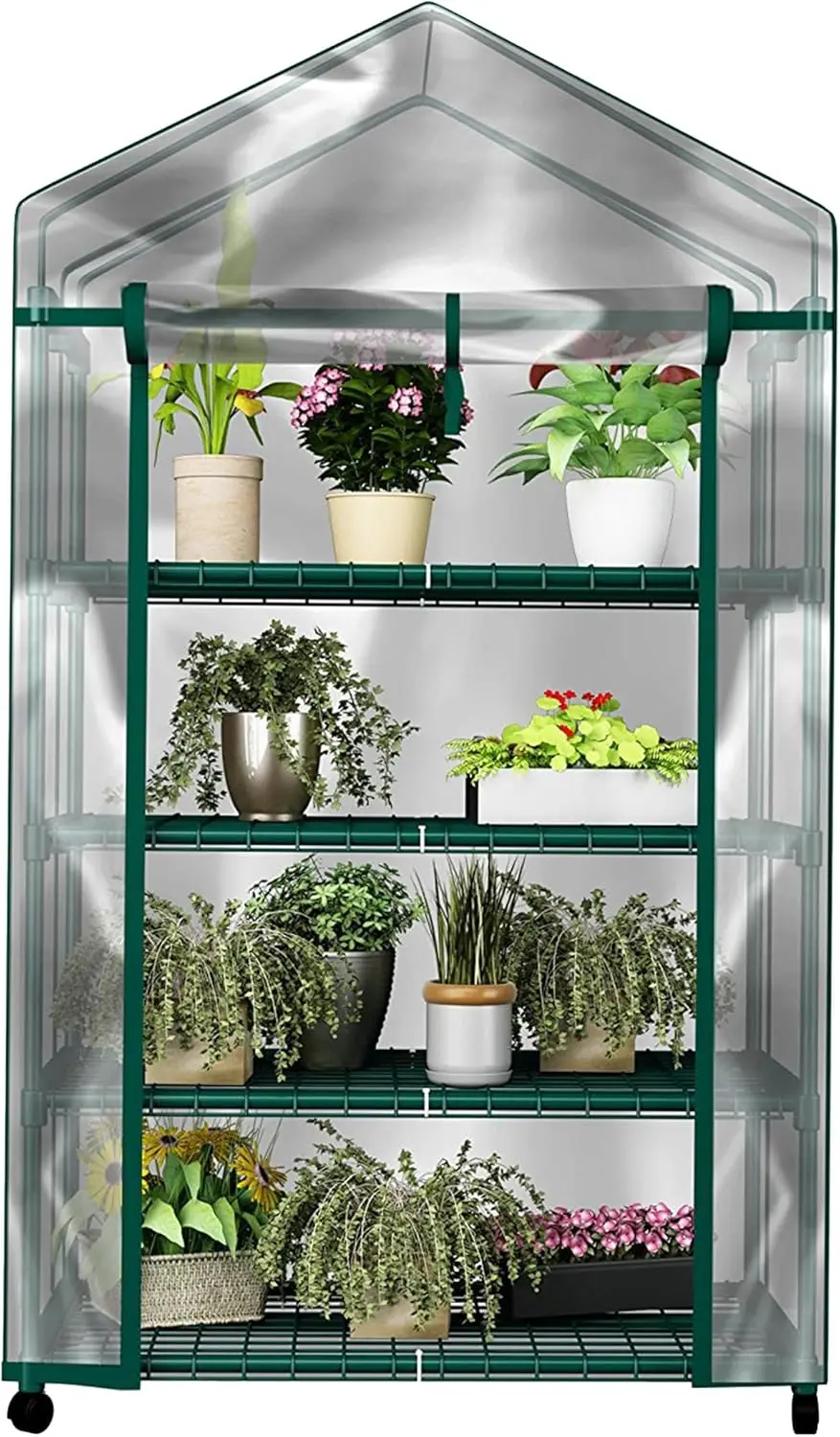 4 Tier Mini Greenhouse - Portable Greenhouse with Locking Wheels and PVC for Indoor or Outdoor 27 x 19 x 63-Inch Green House