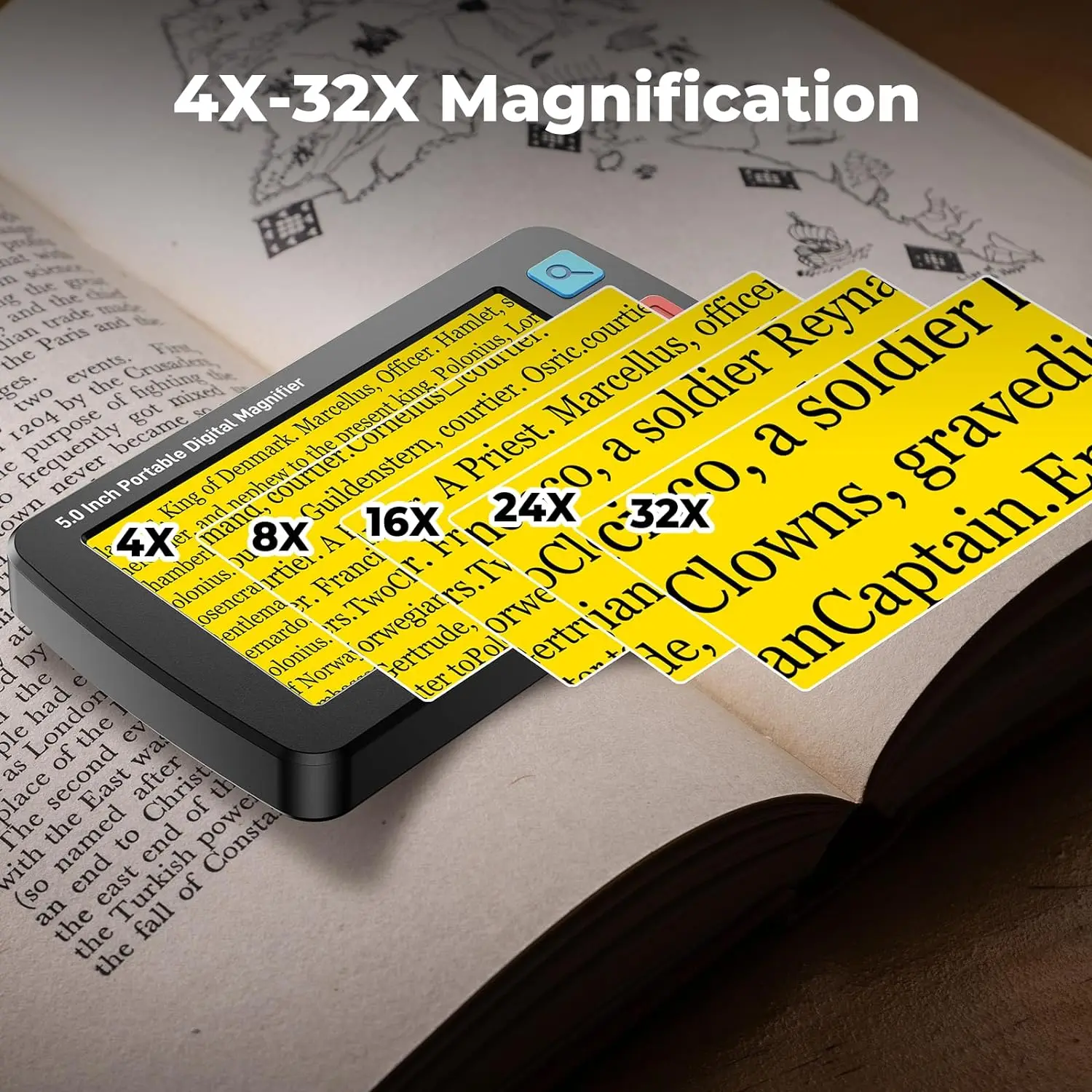 Portable Digital Magnifier Electronic Reading Aid 5 inch for Low Vision Color Blindness 4X-32X Zoom 17 Color 5 Levels Brightness