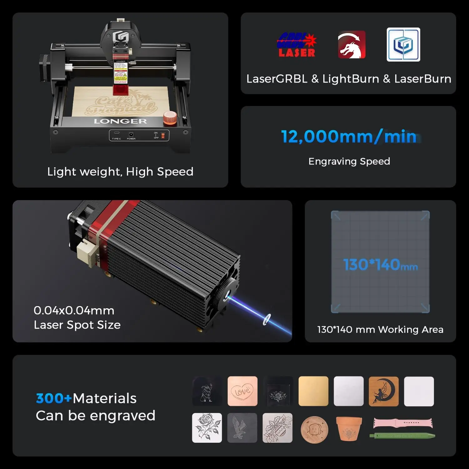 Mini incisore laser LONGER Ray5 da 2,5 W, 32 bit ad alta velocità 12000 mm/min, punto compresso 0,04 mm, area di incisione 130×140 mm