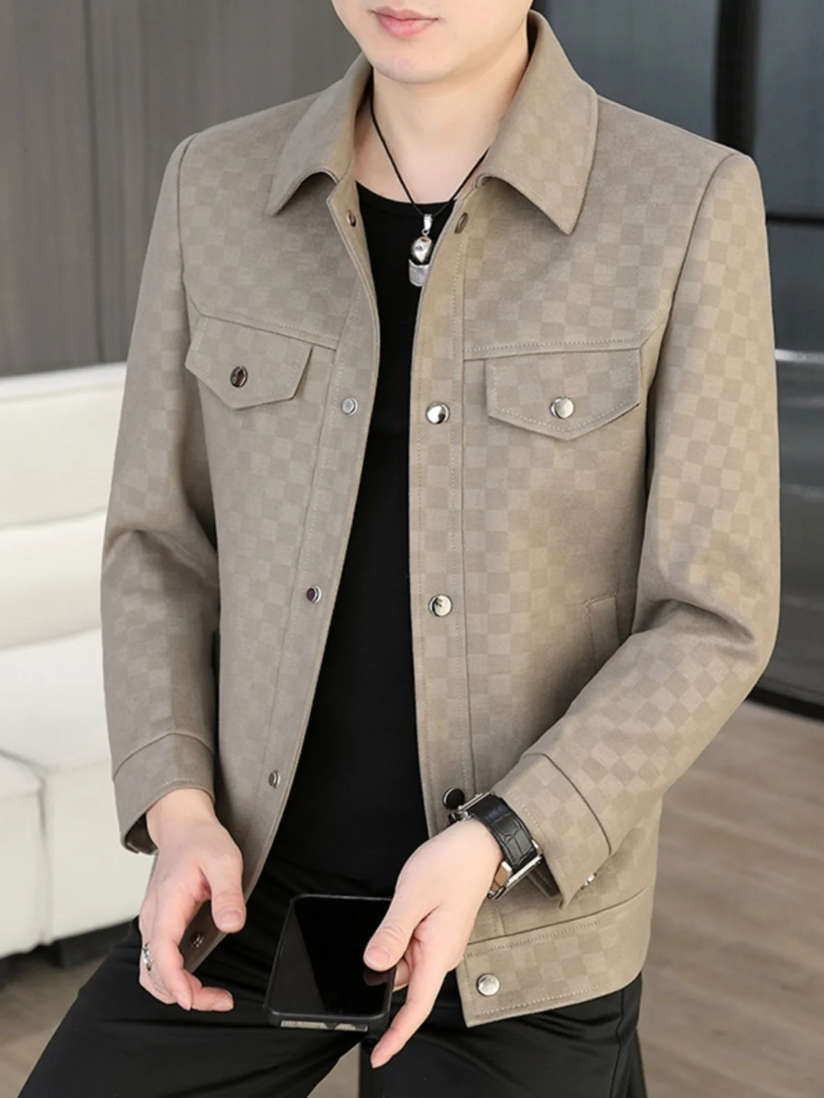 

Trendy Plaid Casual Men's Jaet Spring Autumn 2025 New Sle Workwear irt Long Sve Polyester Youth Faion Outerwear