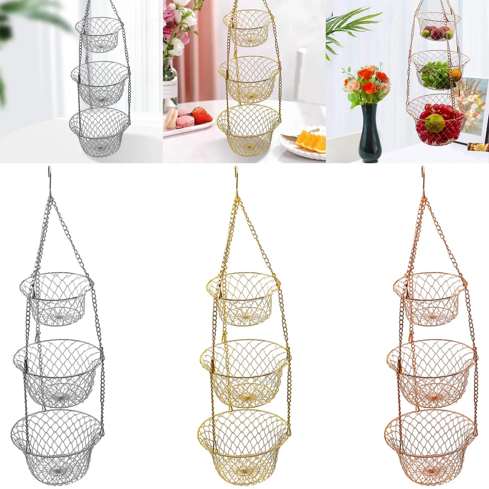 سلة فواكه معلقة من 3 طبقات مع خطافات سقف معدنية وحامل خضروات تحت