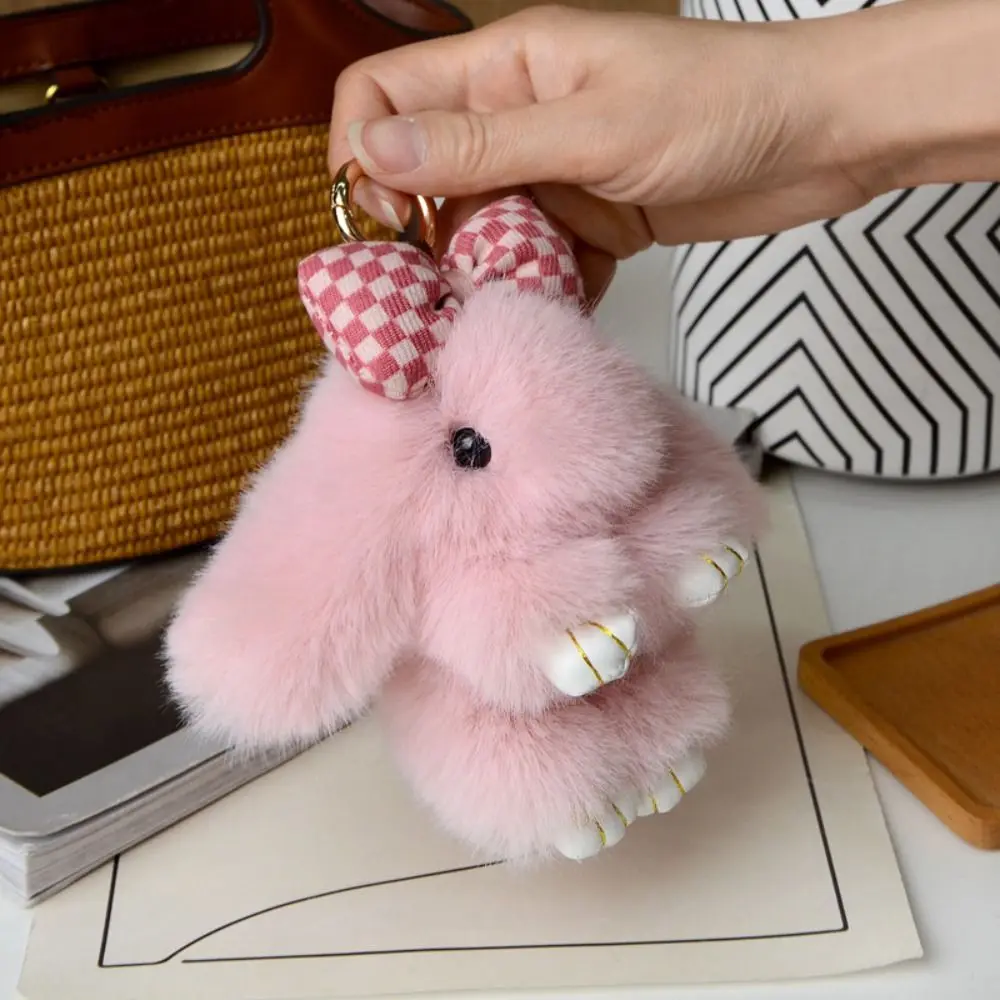 Bag Accessories Fashion Pluff Bunny Keychain Lovely Fluffy Play Dead Rabbit 13cm Bowknot Rabbit Fur Keychain Women