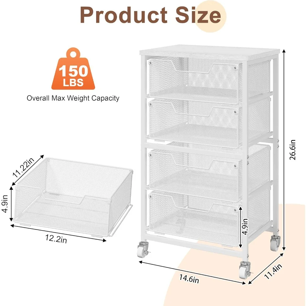 White Rolling Storage Cart with 4 Drawers, Wooden Top & Wheels for Craft, Office, Kitchen Organization