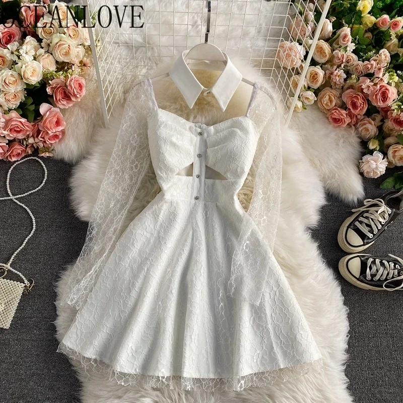 OCEANLOVE Mini abito con scollo quadrato Stile giapponese Festa di compleanno Abiti Mujer A-line Solid Primavera Autunno Abiti da donna in pizzo