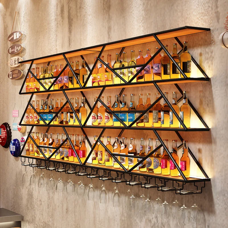 Hot-selling bar counter glowing wine rack, bar wine cabinet, creative wall hanging, iron restaurant storage rack