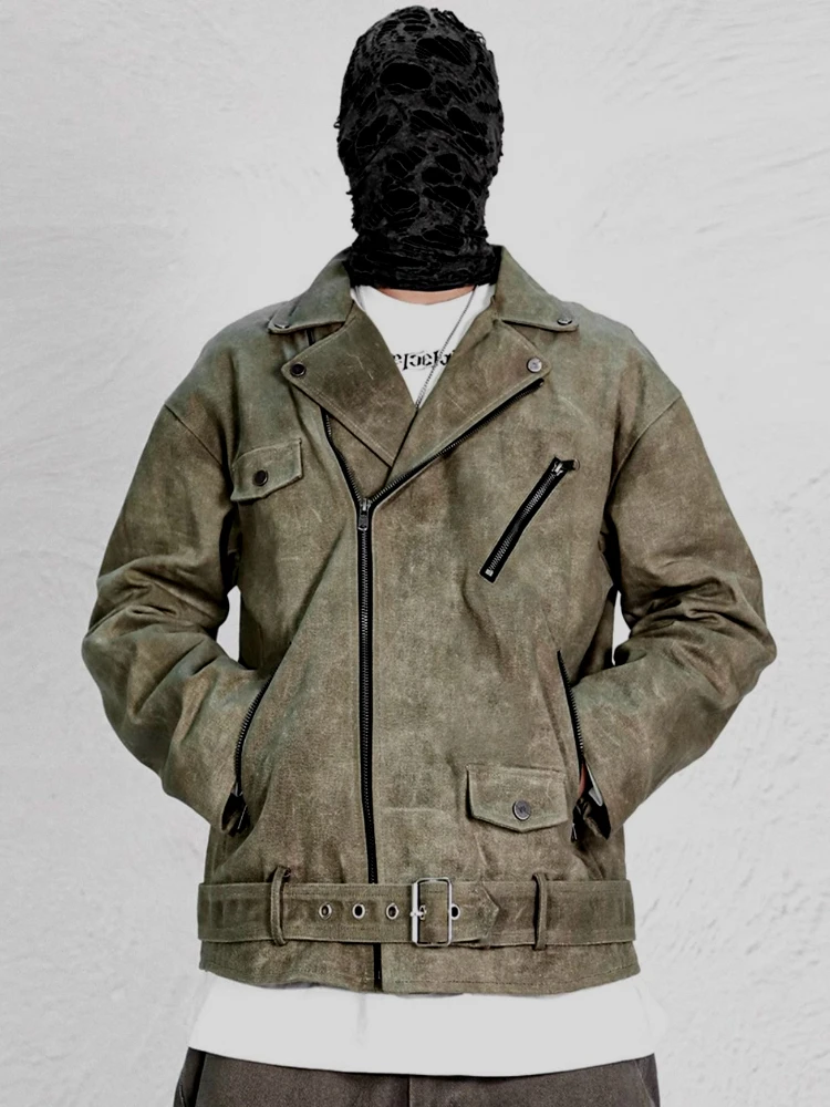 

Wasteland Style Men's Clothes Vintage Techwear Brush Wax Coating Oil Wax Profile Motorcycle Biker Jacket Streetwear Coat