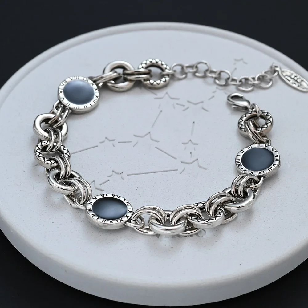 925 Sterling Silver Bracelets for Women Men String Accessories Retro Black Stone Pendant Party Jewelry Gift