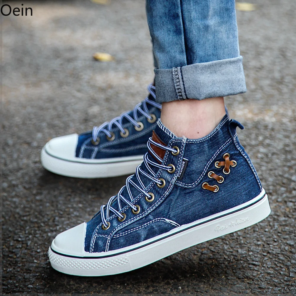 

Mens Denim Jeans High Top Canvas Shoes Youth Sneaker Flat Lace Up Fashion Cowboy Casual 3Colors New Boys 2023