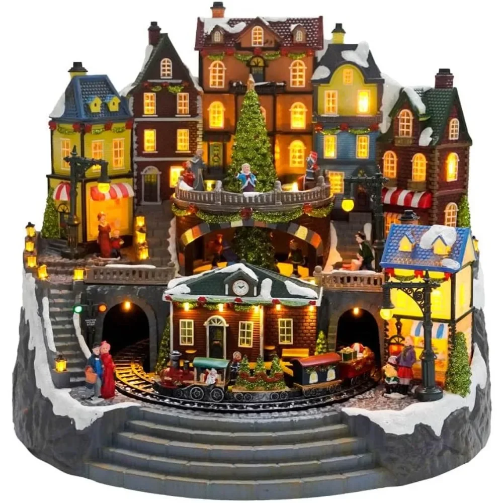 Large Christmas Village House, Train Station with LED Lights, Moving Train and Enchanting Music, Christmas Decoration