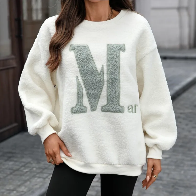 

Autumn Winter New Solid Color Loose Lambhair Letter Embroidered Long Sleeved Sweatshirt For Women's Casual Round Neck Pullover