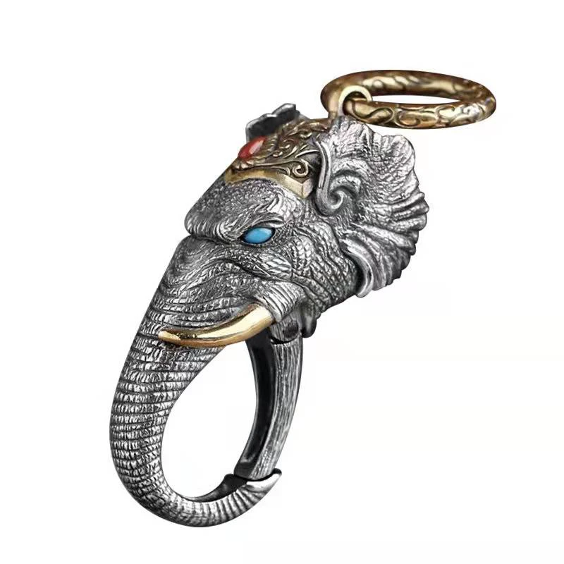 RetroSen New Silver Manual Elephant God Of Wealth Pendant Ring Buckle Car Keychain Personality Creativity Vintage Silverware