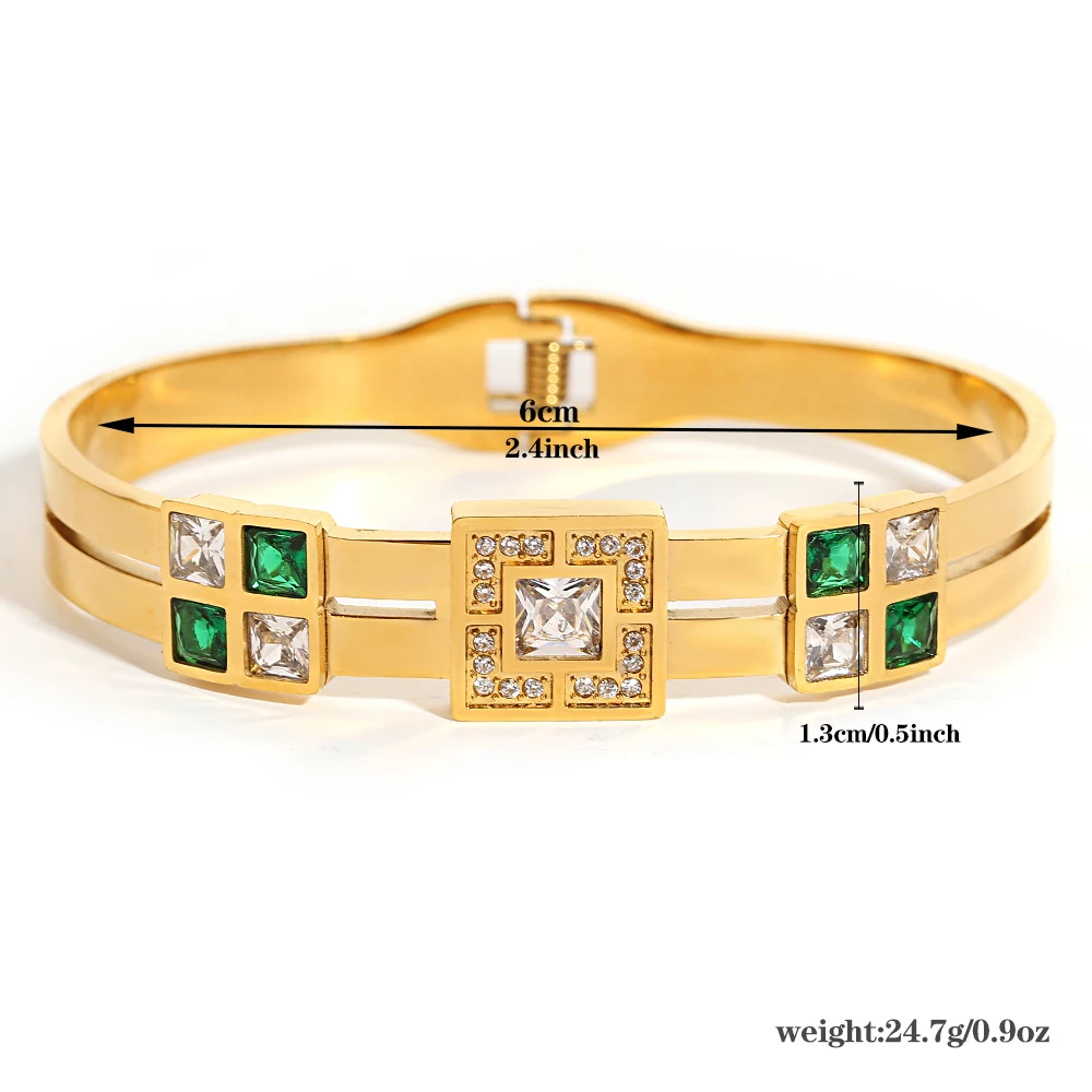 Greatera Inlaid White Green Square Zircon Stainless Steel Cuff Bracelet Bangle for Women Gold Plated Waterproof Party Jewelry