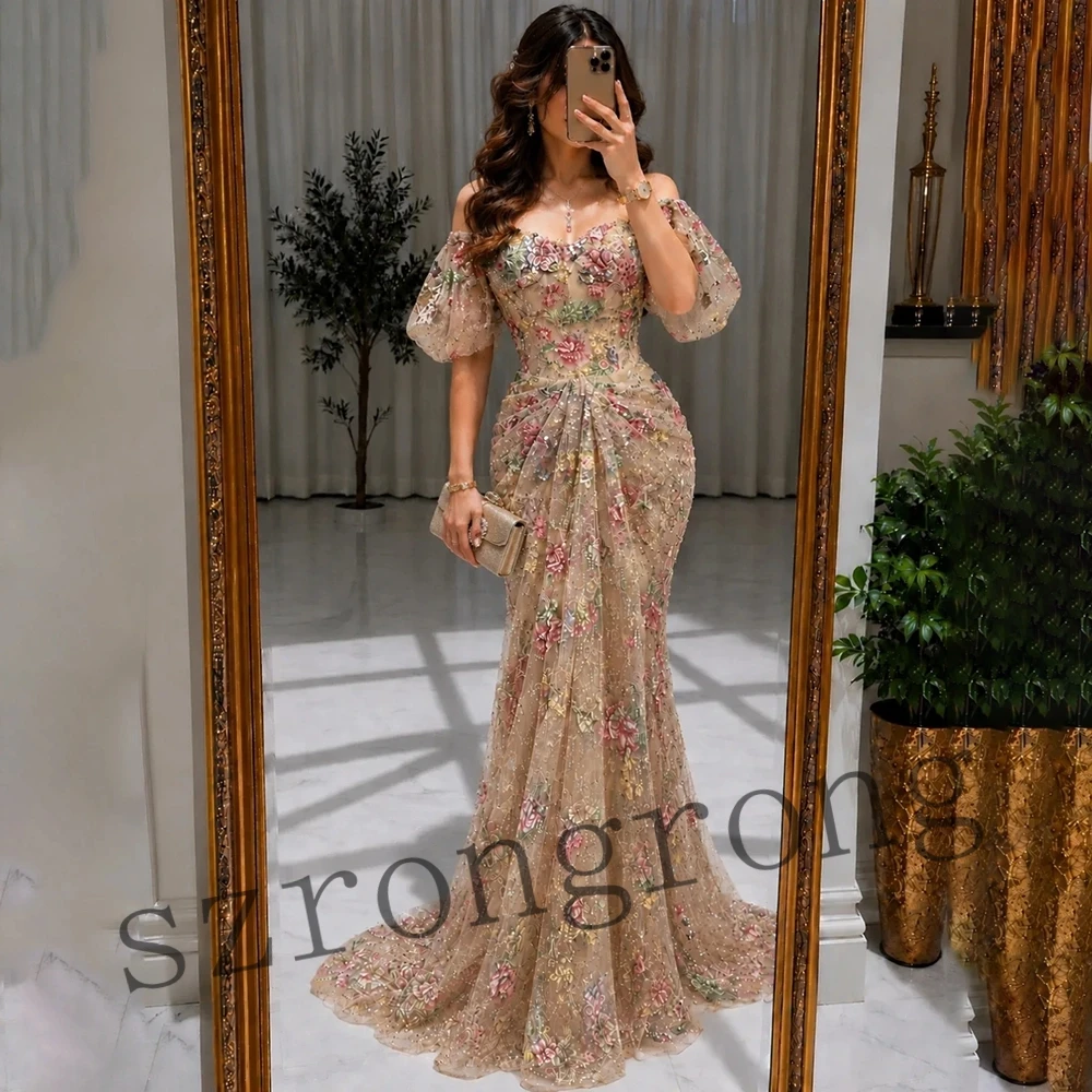 Customized Sweetheart Collar Lace Short Puff Sleeve Bridal Evening Dress Pleated Sheath Floor Length Prom Party Dress with Court