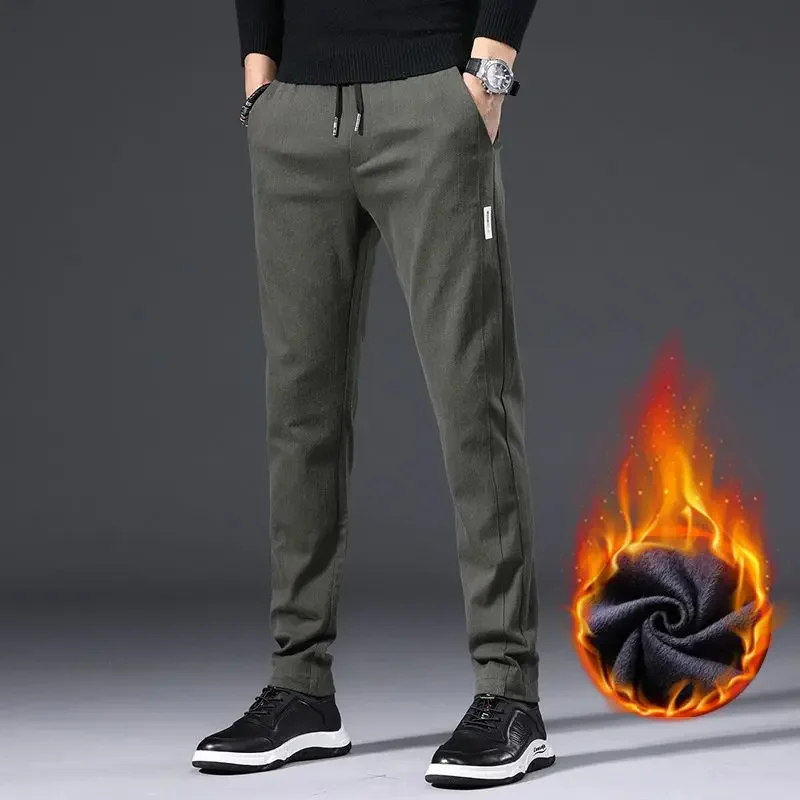 

2025 new Men Winter Warm Fleece Lined Casual Suit Pants Male Breathable Thickened Blazer Pants Ankle Length Cropped Trousers