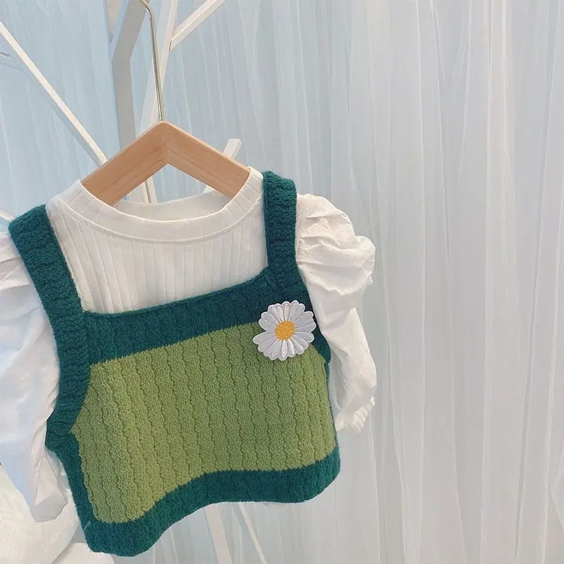Korean Version Children's Clothing, Girls' Vest, Daisy Knit Suspender Vest Worn Outside, Spring and Autumn Stylish