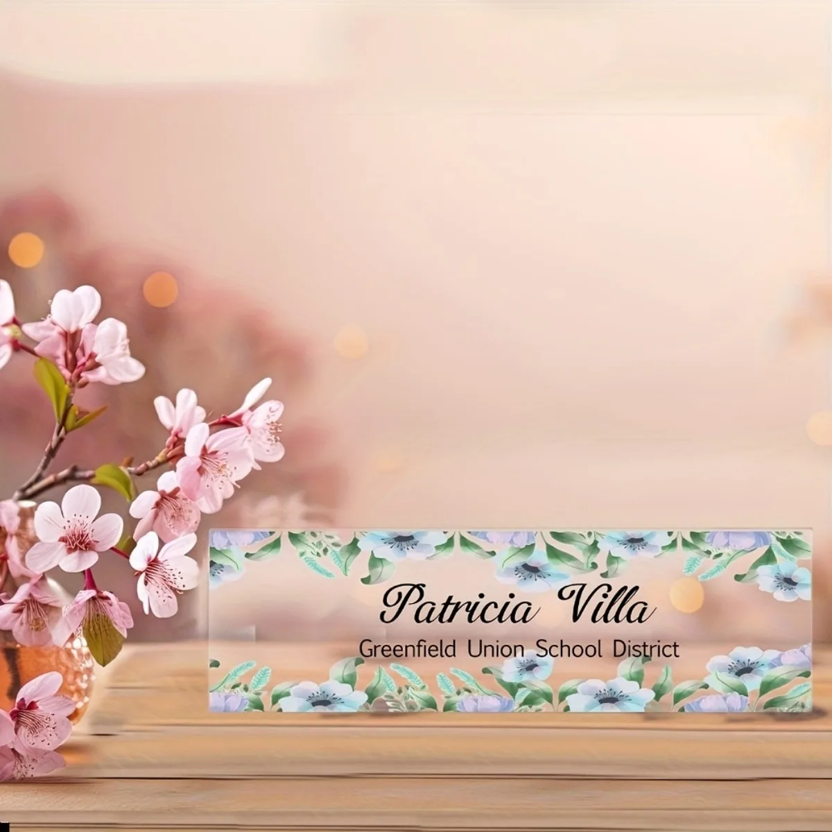 [2D Flat] Floral Pattern Acrylic Desk Nameplate, Elegant Home & Office Decoration (Only Decoration)