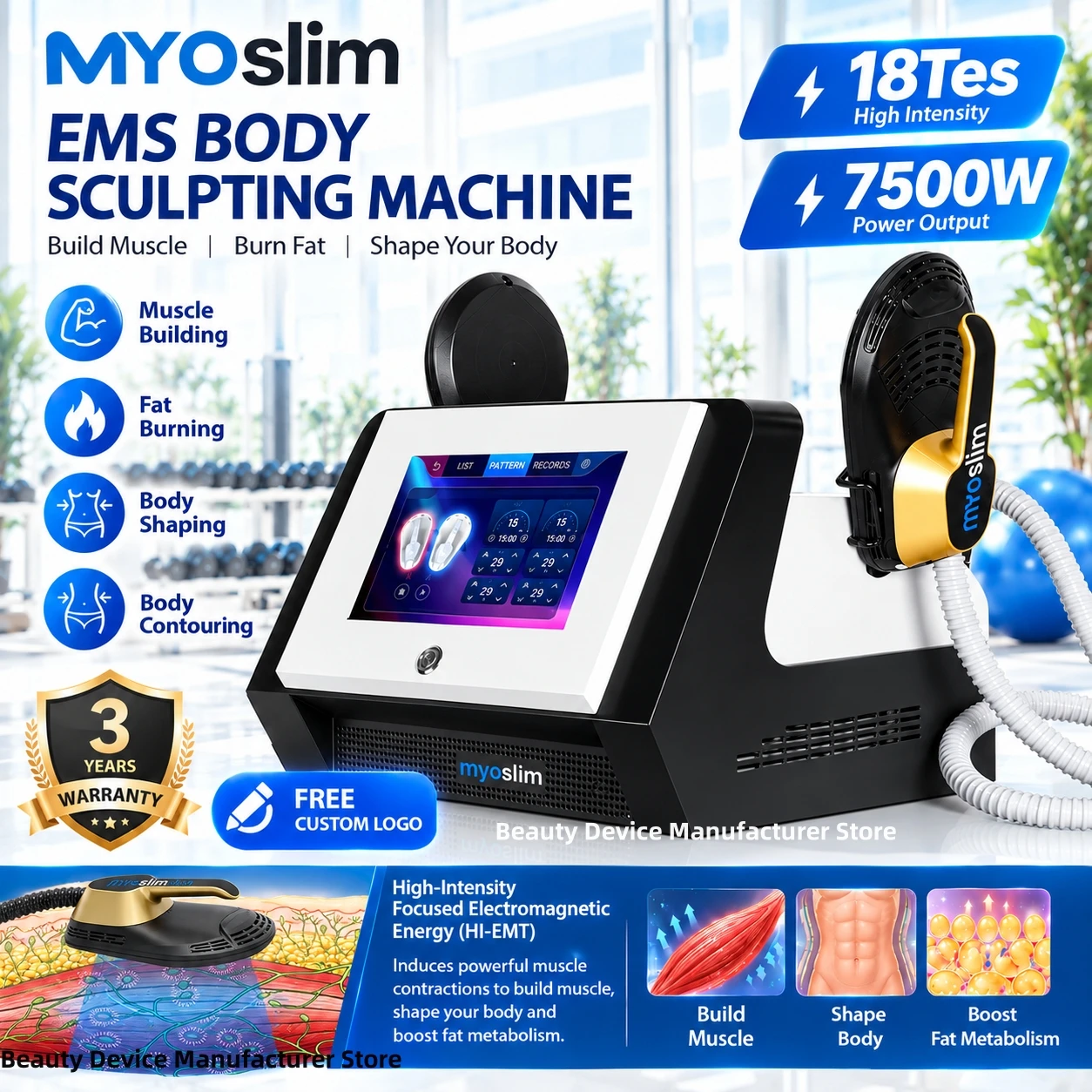 EMS Body Shaper Muscle Building Machine MYOslim 18Tes 7500W Fitness Equipment for Home Exercise Personal Training Workout