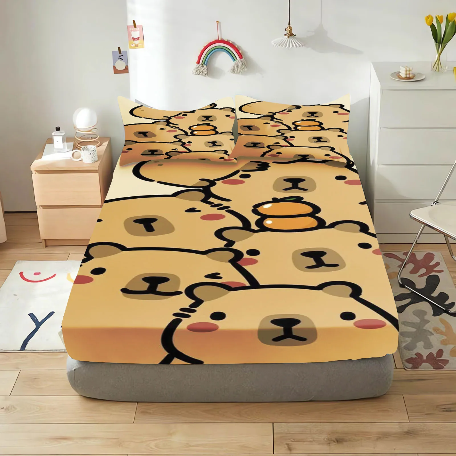 Capybaras Cartoon Fitted Sheet for Children 100% Polyester Cute Digital Print Bedding Elastic Coverage Sheets for Teenager