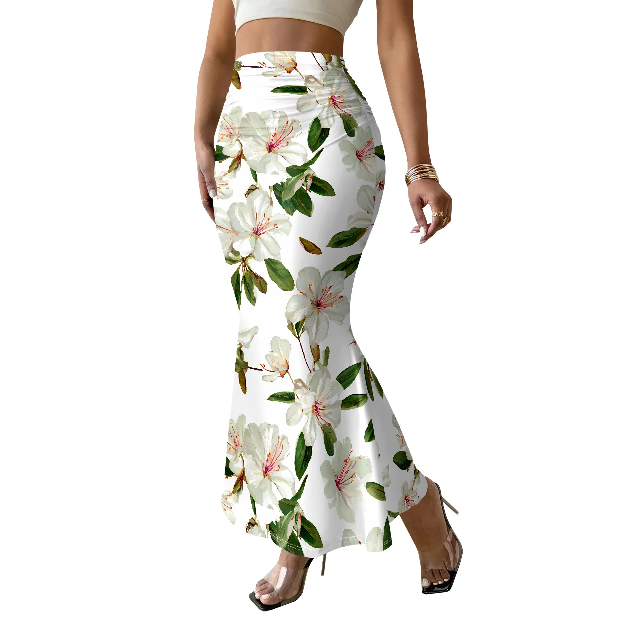 Floral Print Skirt, White Flower Pattern Mermaid Skirt, Elegant Summer Beach Maxi Skirt, High Waist Slim Fit for Women, S-3XL