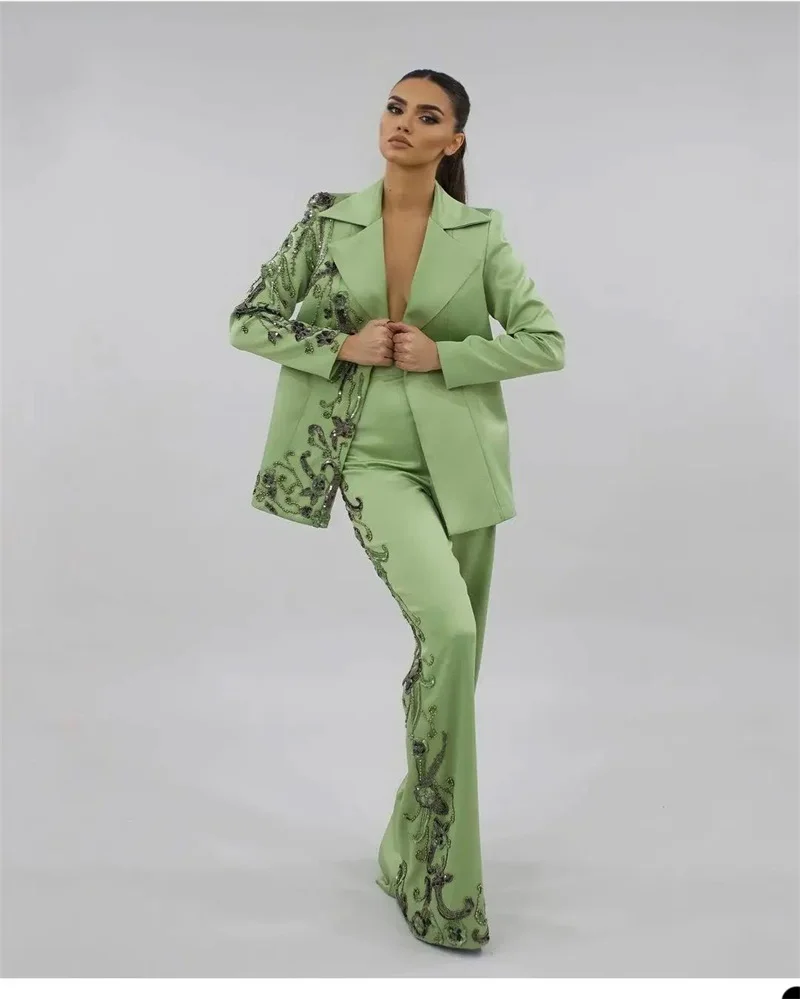 Designer Green Vrouwen Suits Set Luxe Kralen Applicaties Formele Avond Party Prom Dress 2 Stuks Blazer + Broek Custom gemaakt