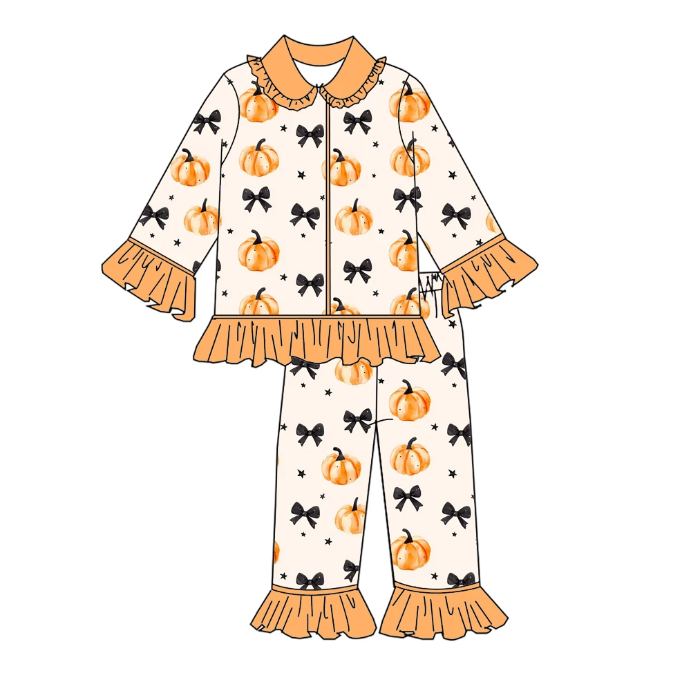 Boutique Children's Set Pumpkin Bow Print Lapel Long-Sleeved Trousers Lace Girl Set Halloween Girl Series
