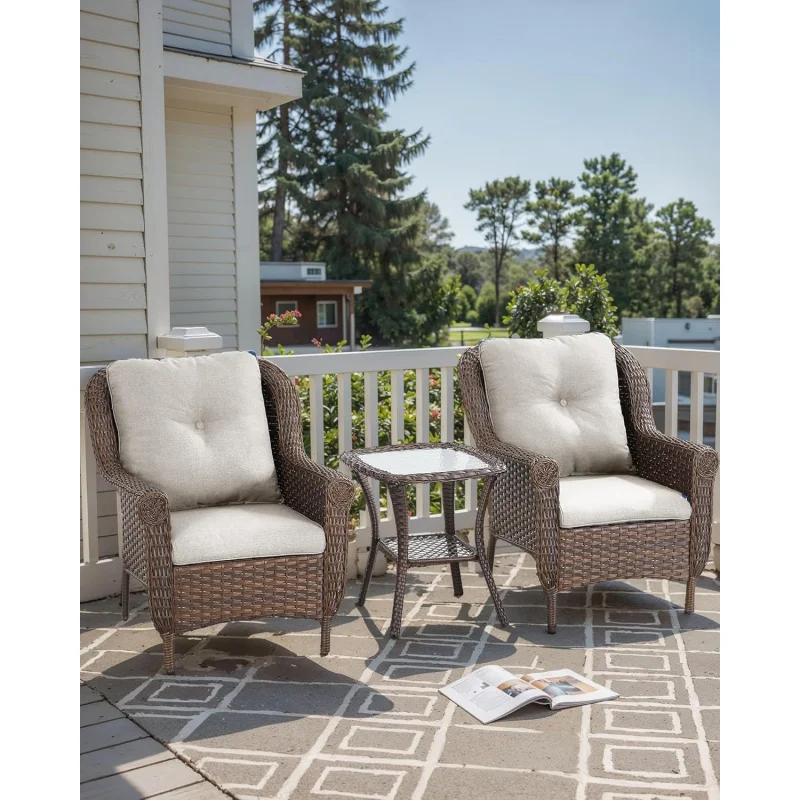 

3-Piece Brown Wicker Bistro Set, Beige High Back Chairs & Side Table, Heavy-Duty All-Weather Patio Garden Deck